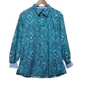 Cremieux‎ Premium Denim XL Button Shirt Teal Paisley Long Sleeve Western Cowboy